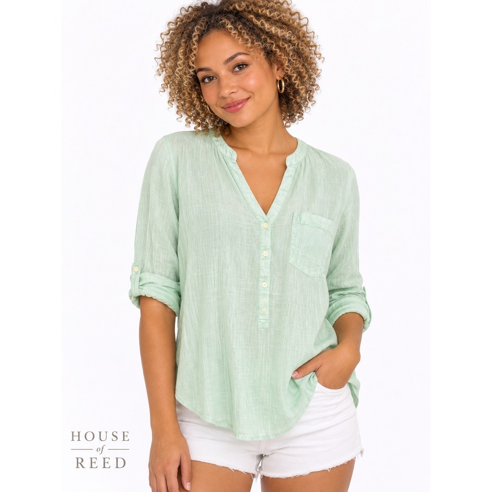 Old Navy Women Mint Green Cotton Gauze Tunic Roll Tab Long Sleeve Shirt Medium